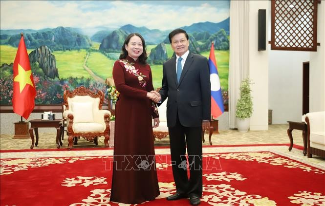 越南国家副主席武氏映春礼节性拜会老挝人民革命党中央总书记、国家主席通伦·西苏里。图自越通社