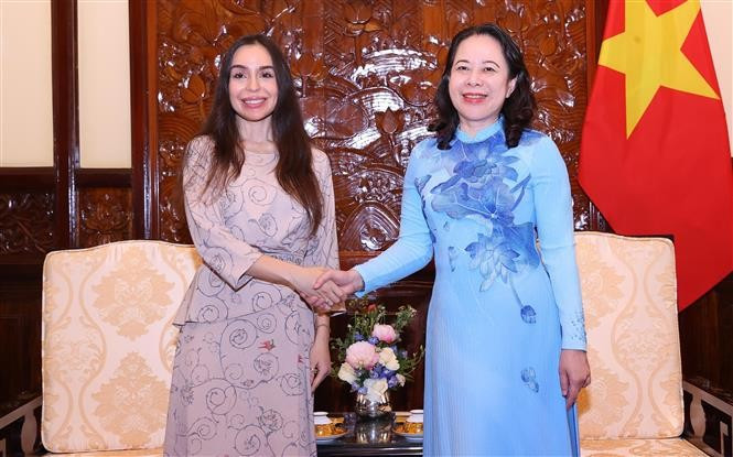 国家副主席武氏映春会见盖达尔·阿利耶夫基金会副主席莱拉·阿利耶娃。图自越通社