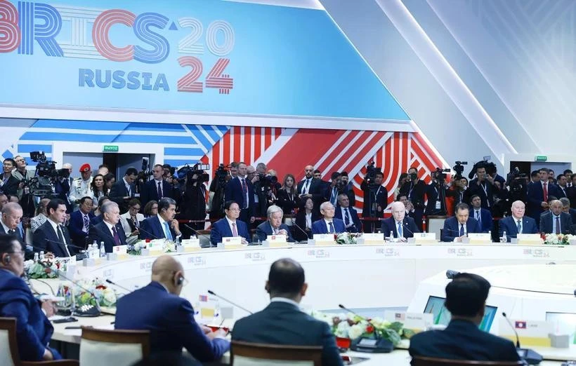 2024年10月，越南政府总理范明政出席金砖国家领导人扩大会议并发表讲话。图自越通社
