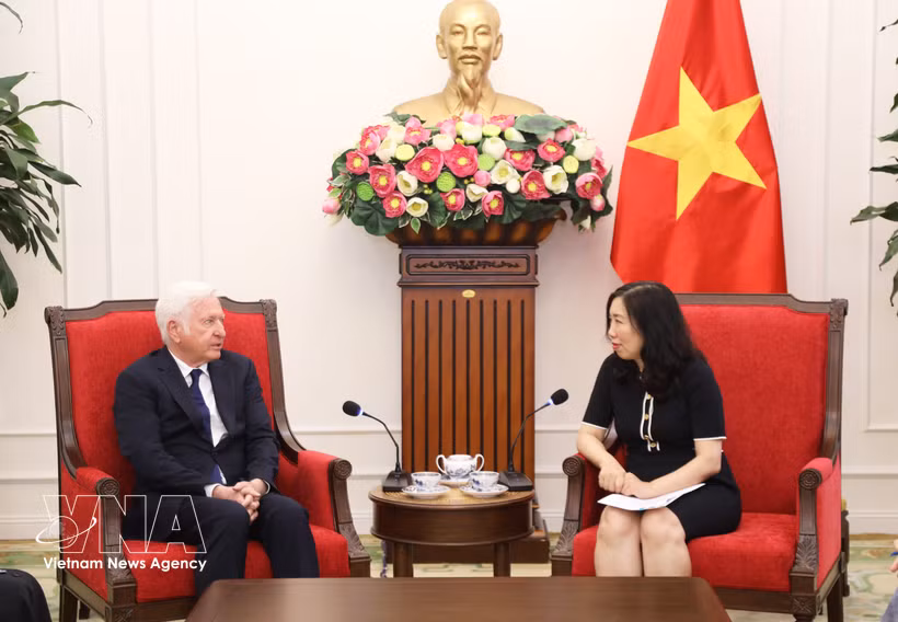 越南外交部副部长黎氏秋姮会见爱尔兰驻越大使法林。图自越通社