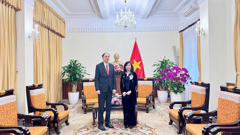 越南外交部副部长黎氏秋姮会见亚美尼亚驻越大使苏勒·巴格赫达萨良。图自越通社