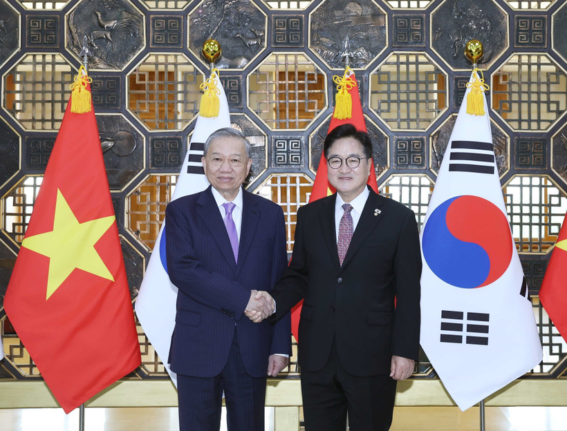 越共中央总书记苏林会见韩国国会议长禹元植。图自越通社