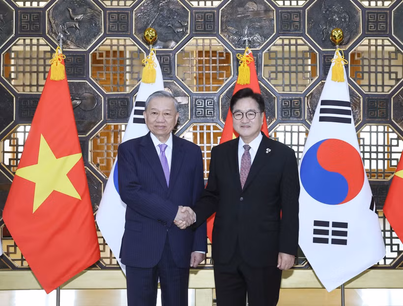2025年8月12日下午，在对韩国进行国事访问期间，越共中央总书记苏林会见韩国国会议长禹元植。图自越通社