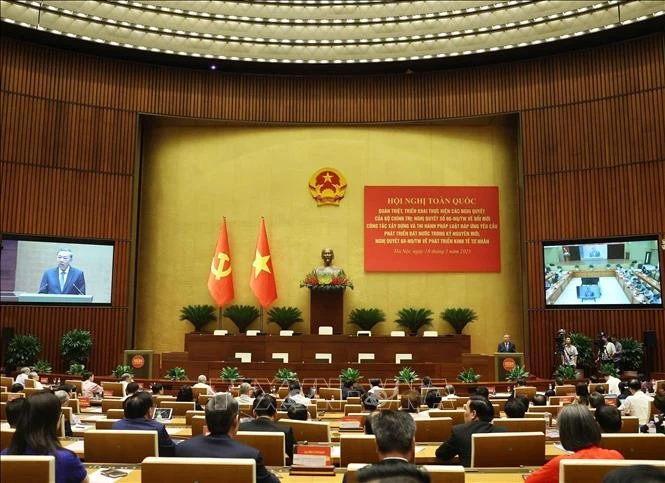 苏林总书记在贯彻越共中央政治局第66-NQ/TW和第68-NQ/TW决议全会会议上发表讲话。图自越通社