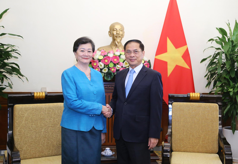 政府副总理兼外交部长裴青山会见了柬埔寨驻越南大使谢金塔。图自越通社