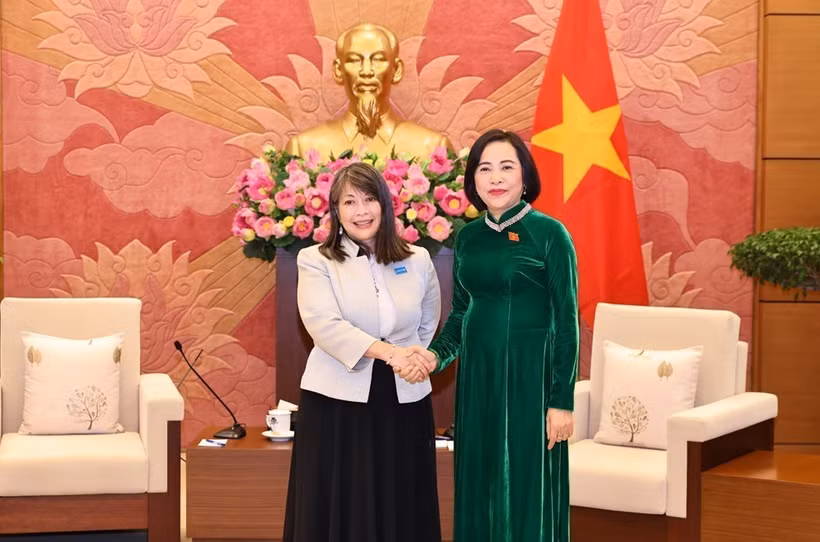 越南国会副主席阮氏清会见联合国儿童基金会东亚及太平洋地区主任攻刀纯子。图自越通社