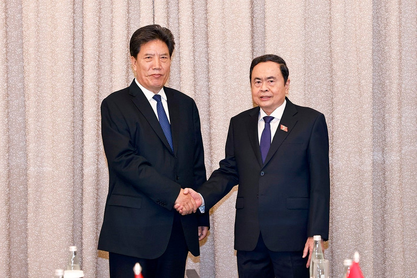 越南国会主席陈青敏会见中国全国人大常委会副委员长洛桑江村。图自越通社