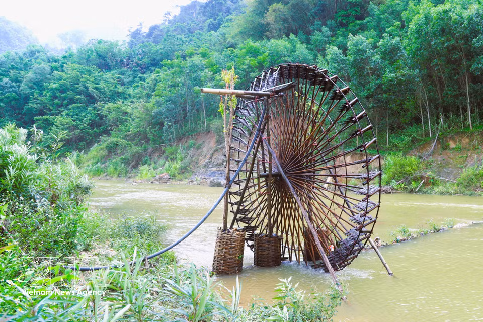 水车通常架设于溪流岸边，而非水流中央，并经过细致选址，以在节省安装成本和人力的同时，确保其长期稳定、持续高效运转。水车转轮之所以坚固耐用，得益于数百根竹桩和老竹交错编织，并以竹篾、藤条在连接处牢牢捆扎固定。图自 越通社