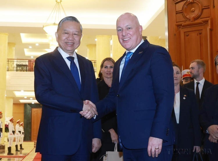 在对越南进行正式访问并出席2025年第二届东盟未来论坛期间,2025年2月26日,越共中央总书记苏林会见来访的新西兰总理、国家党主席克里斯托弗•勒克森。图自越通社
