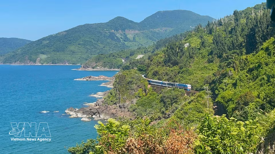 海云山脚下，一块块深灰色岩石散落其间，宛如大自然镶嵌在陵姑湾碧海之间的粗犷拼图，与柔美的海景形成鲜明对比。图自 越通社