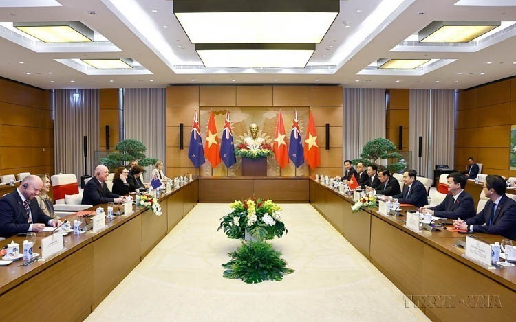 2025年2月27日,越南国会主席陈青敏会见对越南进行正式访问的新西兰总理克里斯托弗•勒克森。图自越通社