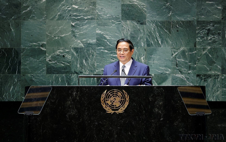 越南政府总理范明政于2023年9月22日在美国纽约联合国总部第78届联合国大会高级别一般性辩论会上发言。图自 越通社