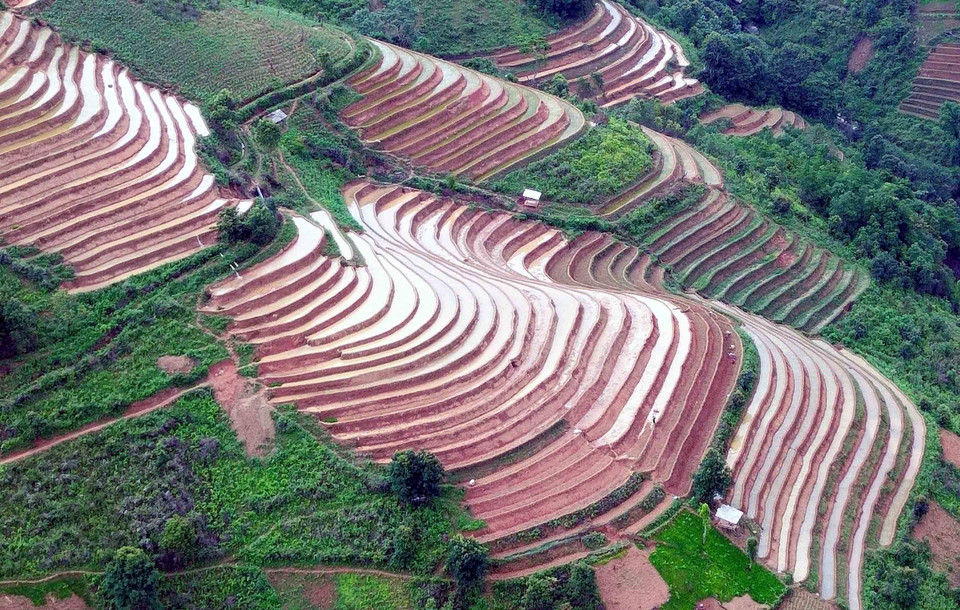 等待插秧的梯田静静铺展在山腰之间。图自 越通社