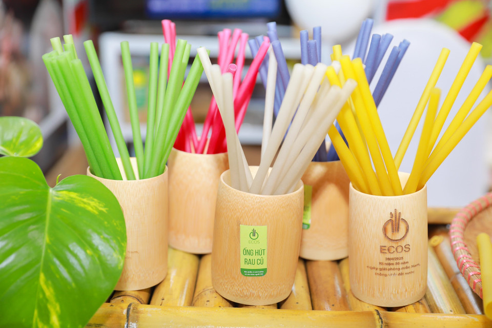 在秋季博览会上，河内红河农业合作社展出了以蔬菜原料制成的 Ecos环保吸管 等绿色产品，受到参观者的关注。图自 越通社