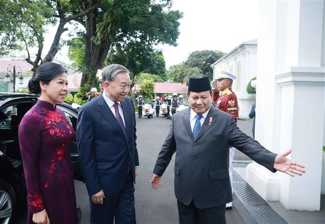 印度尼西亚共和国总统、大印尼行动党总主席普拉博沃·苏比延多迎接越共中央总书记苏林偕夫人。图自 越通社