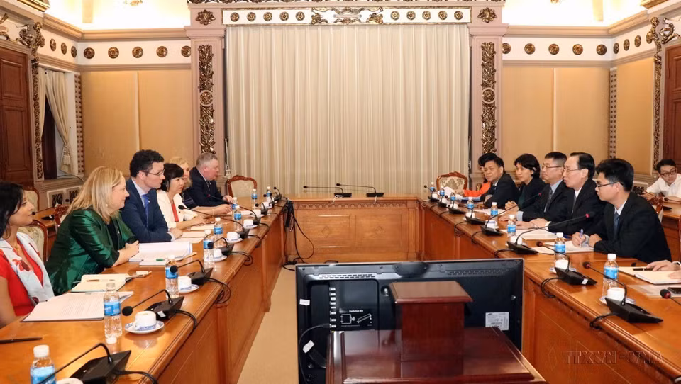 越南胡志明市人民委员会常务副主席黎青廉与爱尔兰财政、公共支出与改革部长帕斯卡尔•多诺霍就推动双方教育和医疗卫生等领域举行工作会议（2019/3/18）