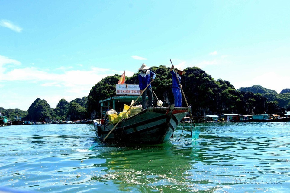 吉婆群岛管理委员会的工作人员老七海面上漂浮的垃圾。图自 越通社