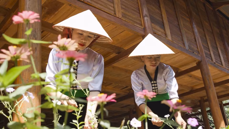 白傣族妇女浇花，打造拿麆村社区旅游环境景观。图自越通社