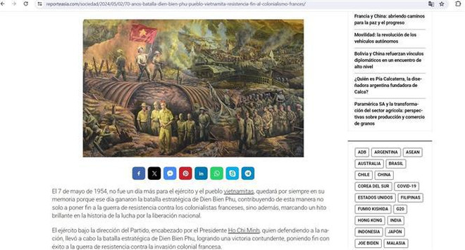《亚洲报道》发表有关奠边府战役的文章。(屏幕截图) Ảnh_chụp_màn_hình_tờ_ReporteAsia_đưa_tin_về_ý_nghĩa_Chiến_thắng_Điện_Biên_Phủ._Ảnh_PV_TTXVN_tại_Argentina.jpg