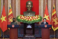 两位领导在举行会谈后共同会见记者。图自越通社