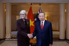 越共中央总书记、国家主席苏林与澳大利亚总督萨姆·莫斯廷。图自越通社