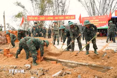 第五军区干部战士正紧急为得乐省群众建设新住房。图自越通社
