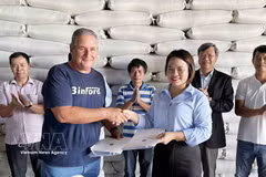 AgriVMA公司经理阮氏香与洛斯帕拉西奥斯农业公司总经理米歇尔·巴利亚特·卡梅霍共同签署了交付合同。图自越通社