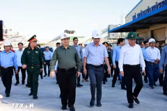 越南政府总理范明政莅临调研仁会经济区的灾后重建工作。图自越通社
