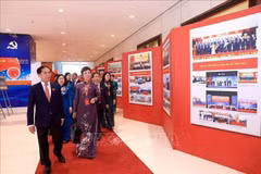 政府副总理裴青山、越通社社长武越庄及各位代表参观图片展。图自越通社