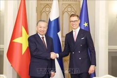 越共中央总书记苏林与芬兰总统亚历山大·斯图布。图自越通社