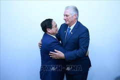 越南政府总理范明政会见古巴国家主席米格尔·迪亚斯-卡内尔。图自越通社