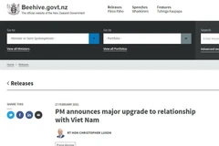 beehive.govt.nz网站报道越新关系升级为全面战略伙伴关系。（屏幕截图）