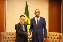 塞内加尔非洲一体化、外交和海外侨民事务部部长谢赫·尼昂与越南驻阿尔及利亚大使兼驻塞内加尔大使陈国庆亲切握手。图自越通社