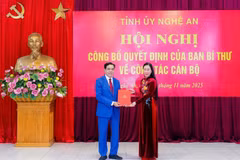 越共中央委员、中央组织部副部长裴氏琼芸向武仲海同志颁发决定。图自越通社
