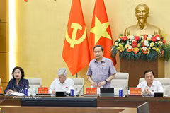 越共中央政治局委员、国会党组书记、国会主席陈青敏在河内主持召开国会代表团团长和党组组长会议。图自越通社