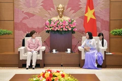 越南国会副主席阮氏青与韩国性别平等与家庭委员会主席李仁顺。图自越通社