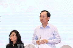 越南国家银行副行长陶明秀在新闻发布会上回答记者的提问。图自越通社