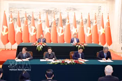 越共中央总书记、国家主席苏林与中共中央总书记、国家主席习近平共同见证两个各部门合作文件的签署。图自越通社
