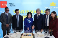 越南国家副主席武氏映春(左三)出席河内-米兰新航线开通仪式。图自越通社