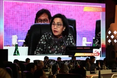 印度尼西亚财政部长丝莉·穆莉亚妮·英特拉瓦蒂在2023年举行的第十届东盟财长与央行行长会议上发表讲话。图自越通社