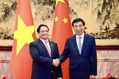 越南政府总理范明政与中国全国政协主席王沪宁。图自越通社