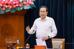 越共中央政治局委员、越南国会主席、中央政治局和中央书记处第11号检查监督团团长陈青敏在会议上发表讲话。图自越通社