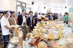 参加贸易促进会议的代表们参观会议期间举行的展销会。图自越通社