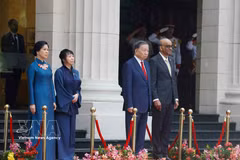 越共中央总书记、国家主席苏林与新加坡总统尚达曼在检阅台上，聆听军乐队奏两国国歌。图自越通社
