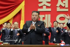 2月22日，朝鲜最高领导人金正恩在平壤出席朝鲜劳动党第九次代表大会。图片来源：韩联社/越通社