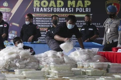 印尼警方在打击贩毒行动中查获的冰毒。图自VCG