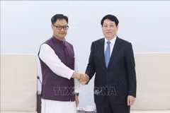 越南国家主席梁强与印度议会事务与少数民族事务部长基伦·里吉朱。图自越通社