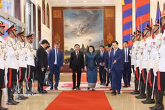 柬埔寨国会主席昆索达莉主持仪式，欢迎陈锦秀访柬。图自越通社