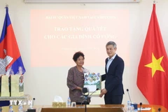 越南驻柬埔寨大使阮明宇向曾为抗美战争做出贡献、并于2009年荣获越南总理颁发的功绩证书的何氏娥女士赠送春节慰问品。图自越通社