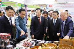 两国贸易部领导和各位代表参观越南商品展区。图自越通社